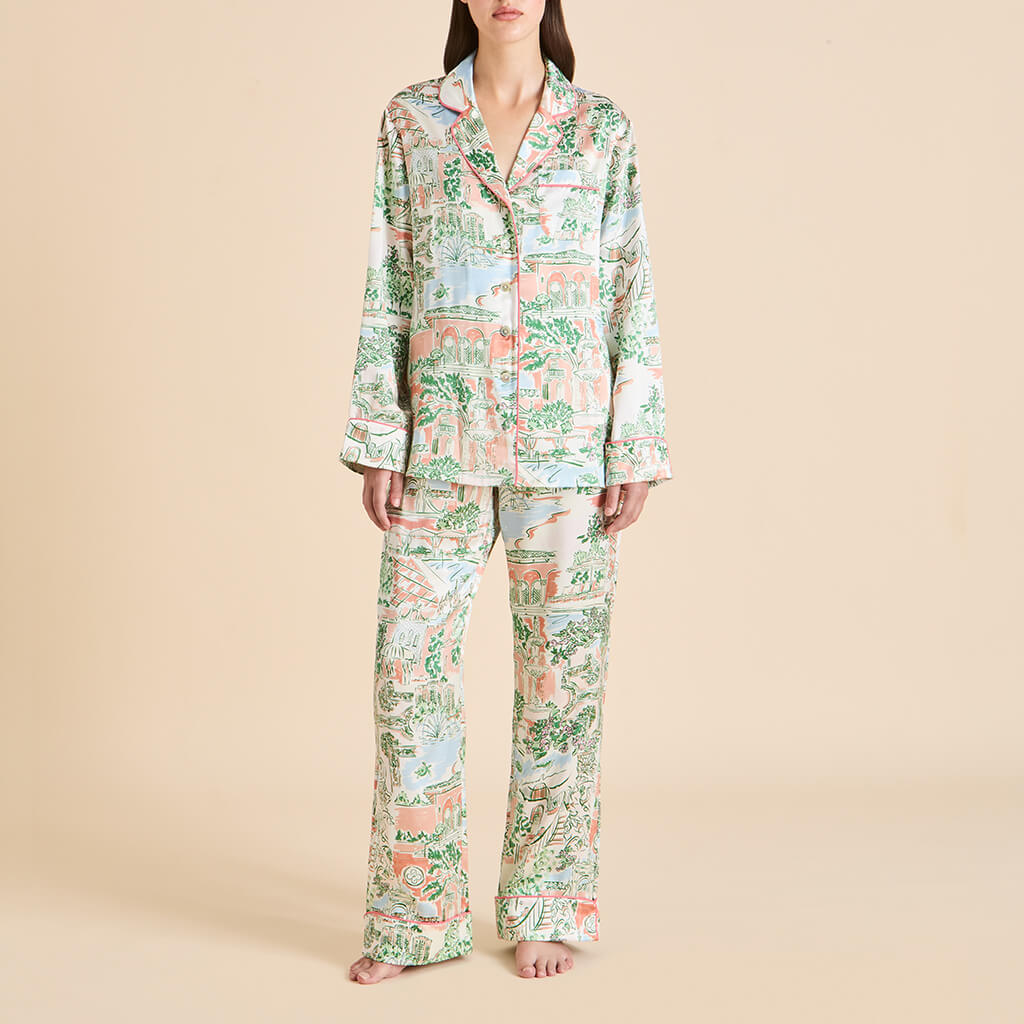 Lila Mansion Peach Landscape Pyjamas in Silk Satin - Image 2