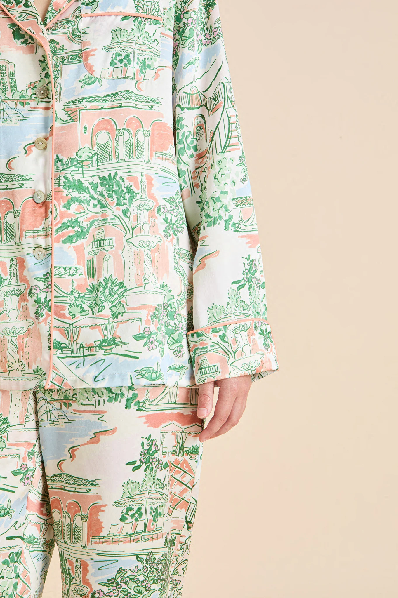 Lila Mansion Peach Landscape Pyjamas in Silk Satin - Image 3