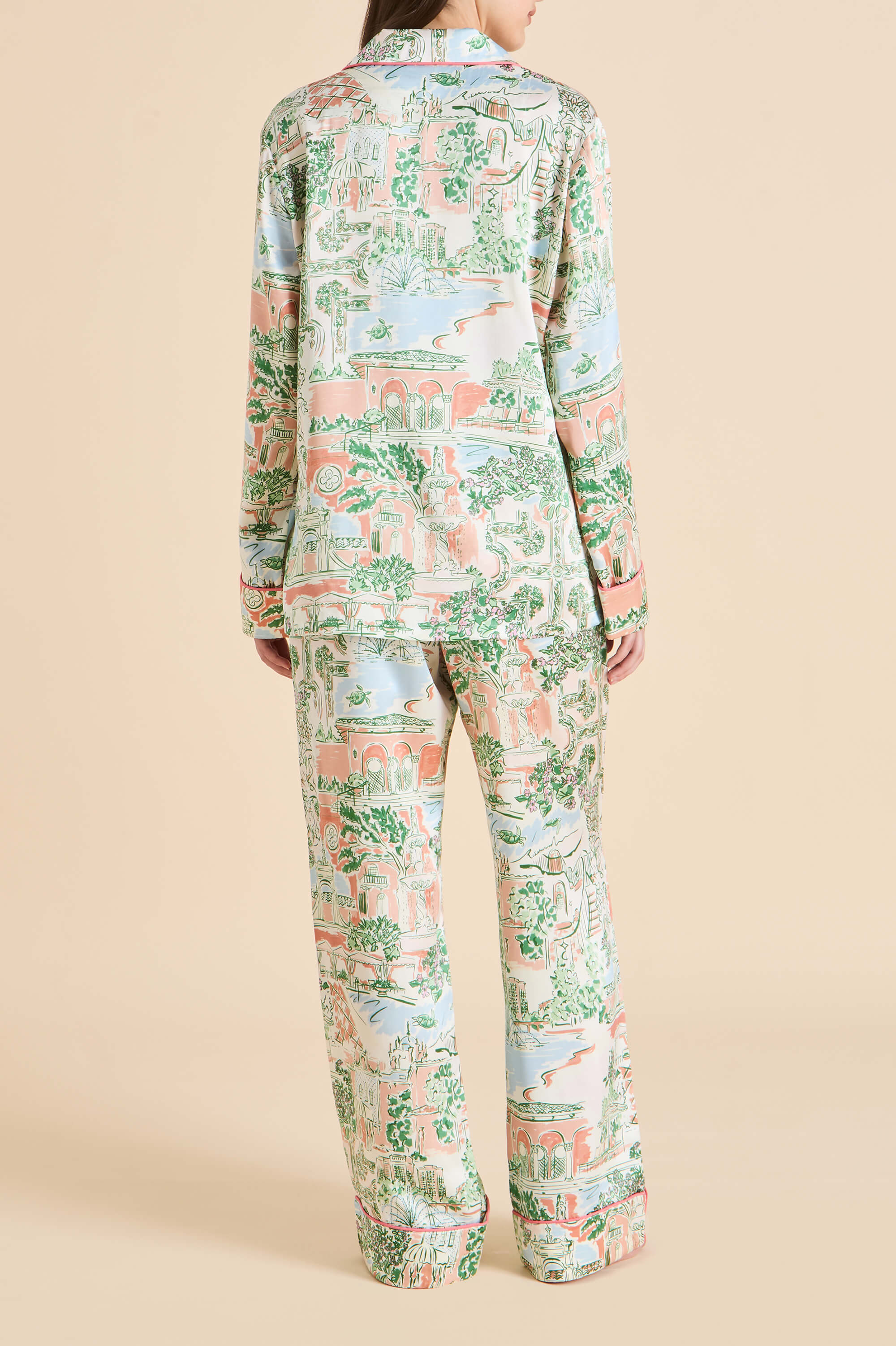 Lila Mansion Peach Landscape Pyjamas in Silk Satin - Image 5