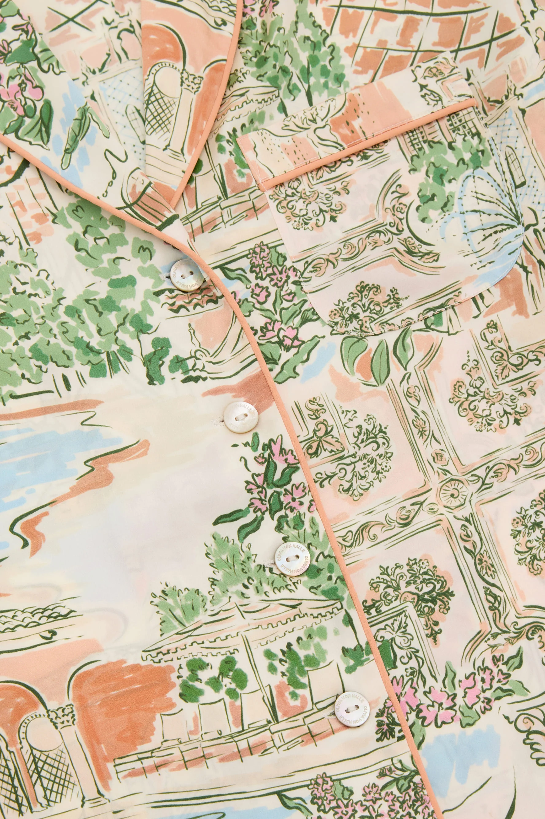 Lila Mansion Peach Landscape Pyjamas in Silk Satin - Image 6