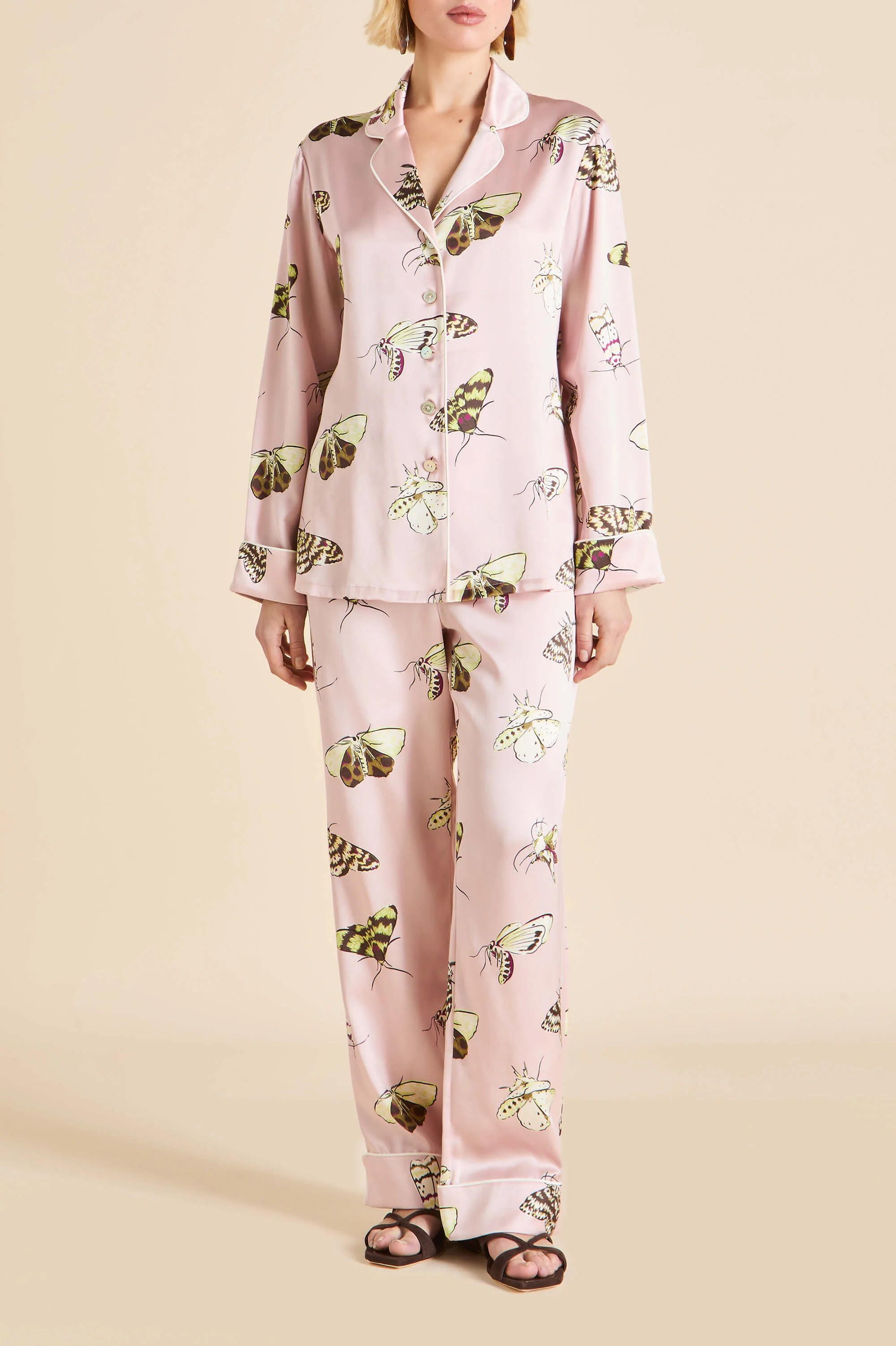 Lila Elda Pink Moth Pyjamas in Silk Satin