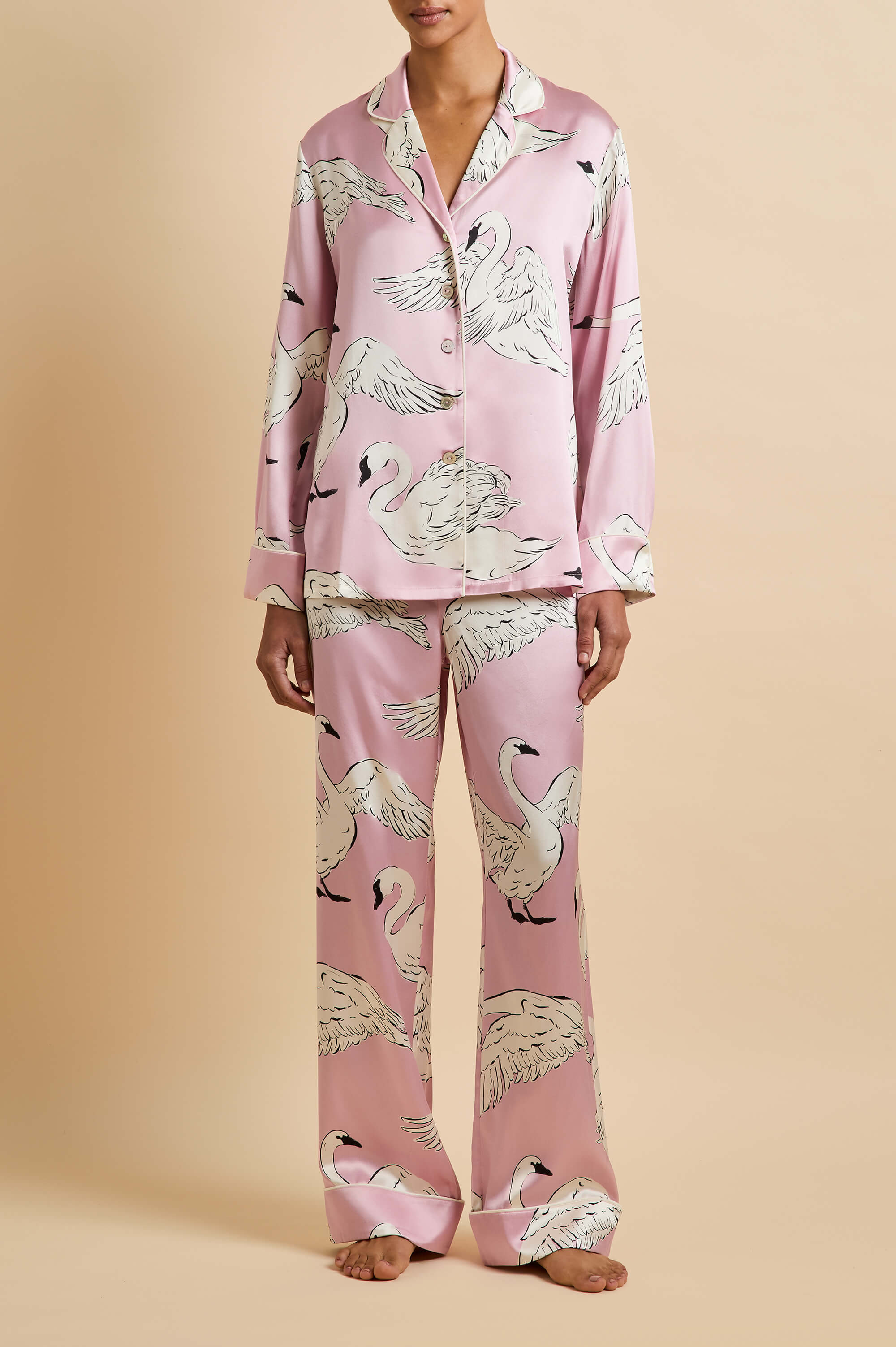 Lila Selene Pink Swan Pyjamas in Silk Satin