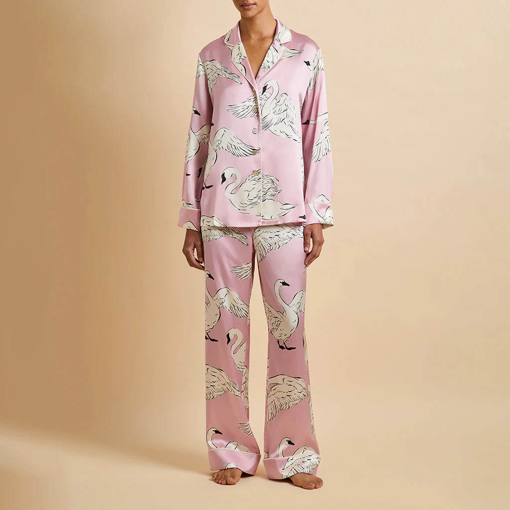 Lila Selene Pink Swan Pyjamas in Silk Satin - Image 2