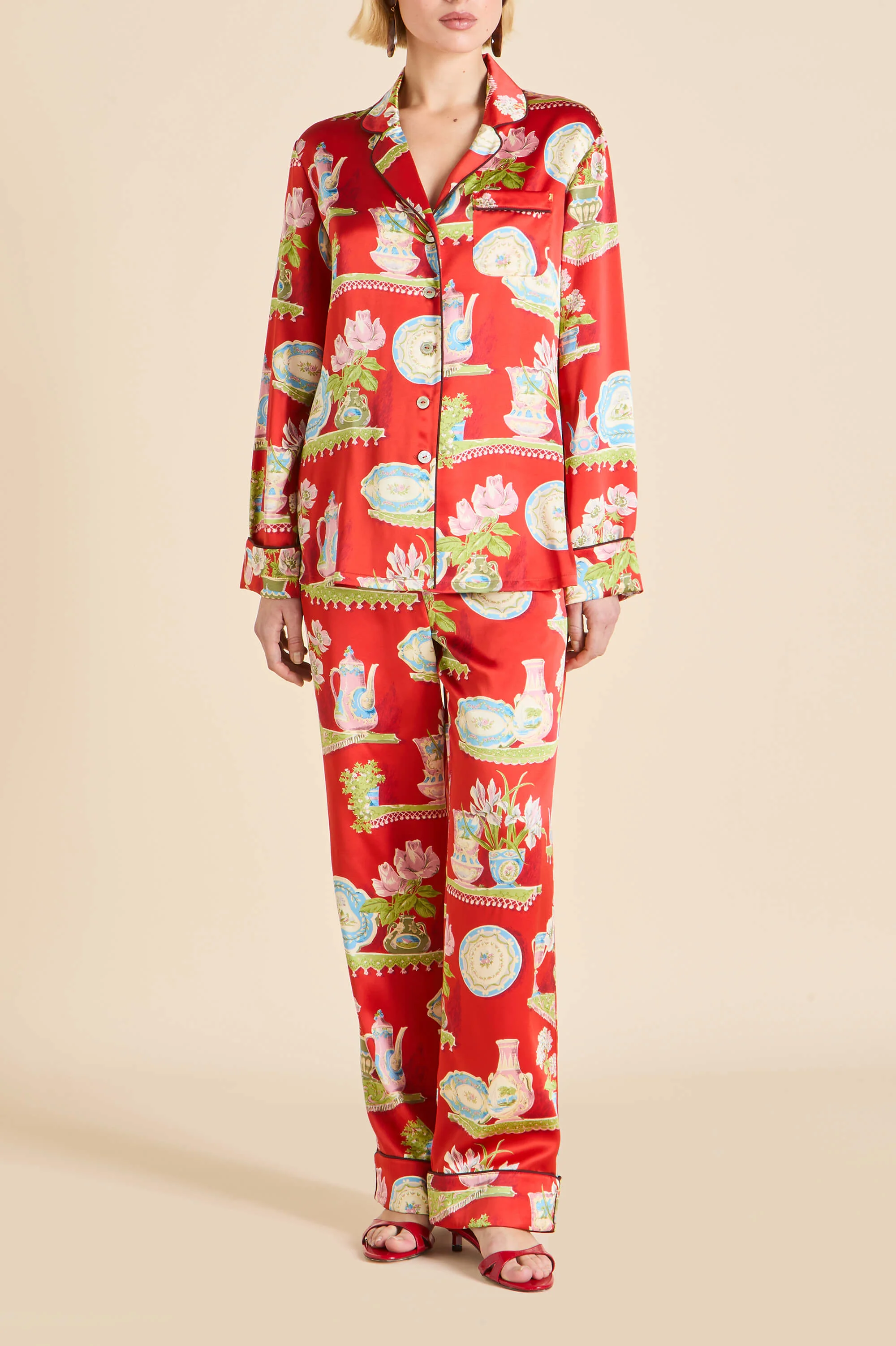 Lila Renata Red Plate Pyjamas in Silk Satin