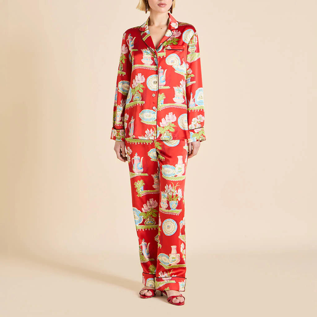 Lila Renata Red Plate Pyjamas in Silk Satin - Image 2