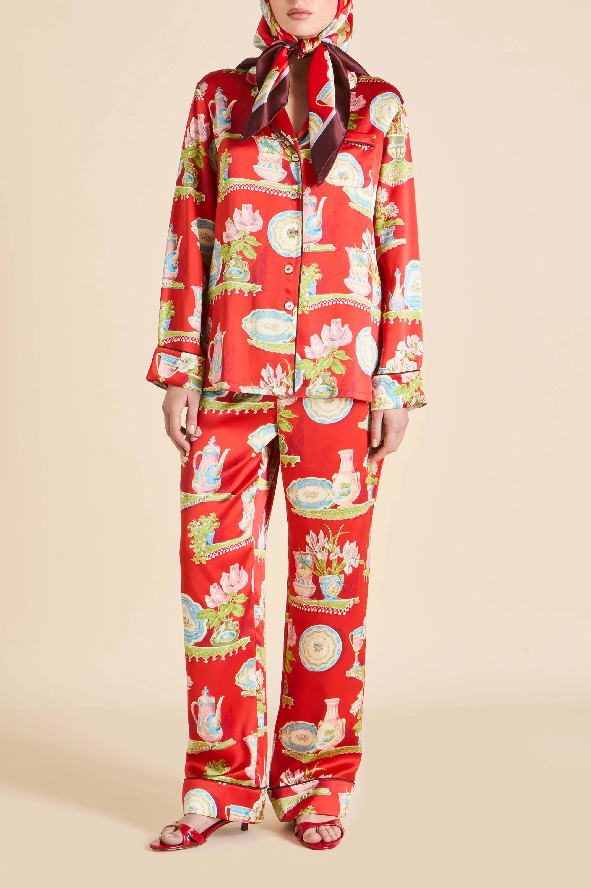 Lila Renata Red Plate Pyjamas in Silk Satin - Image 5
