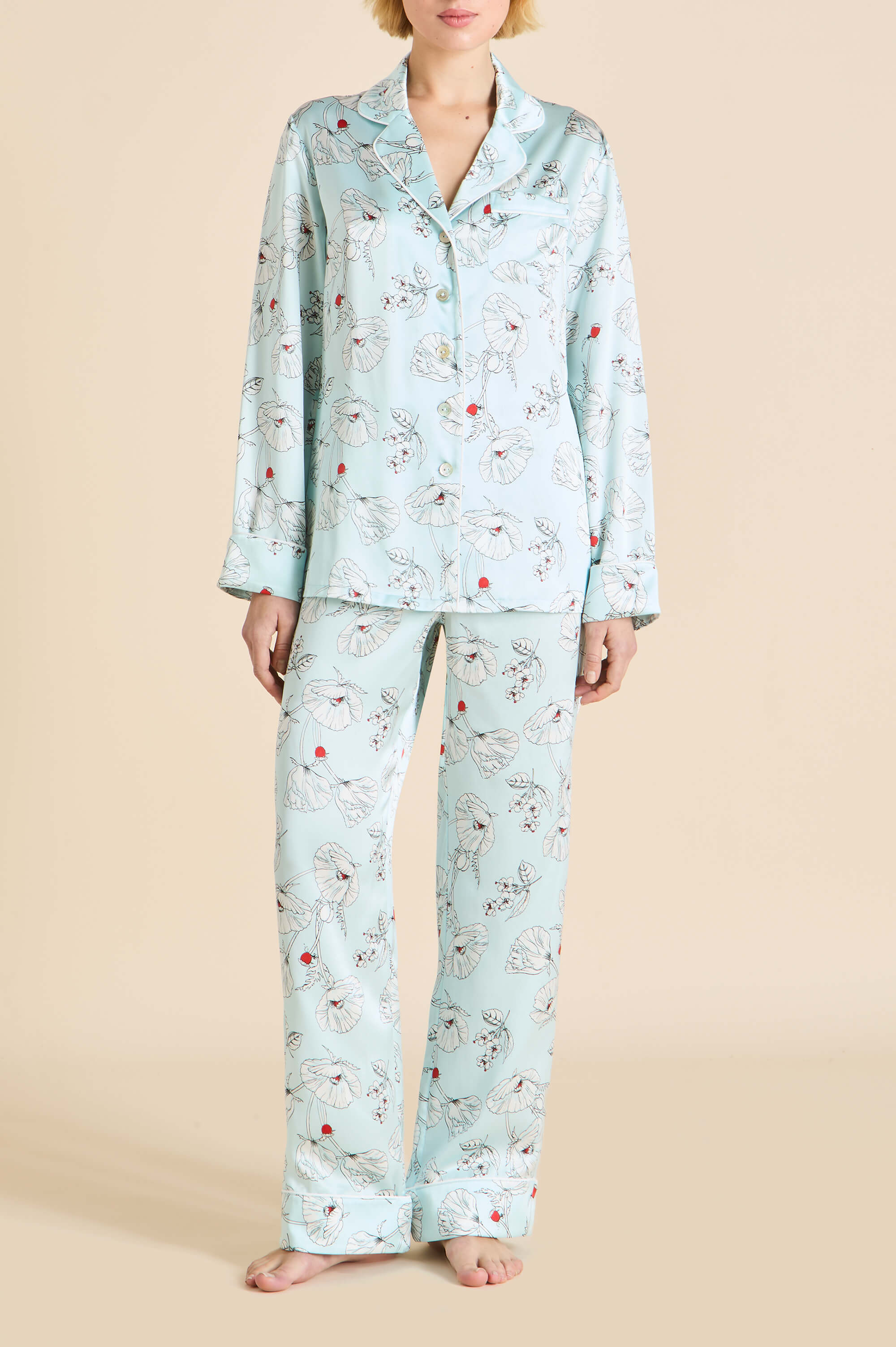 Lila Serafina Blue Floral Pyjamas in Silk Satin