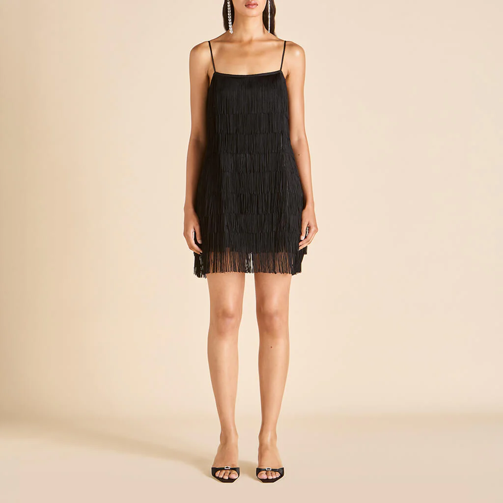 Lola Valentina Black Fringe Slip Dress in Silk Satin - Image 2