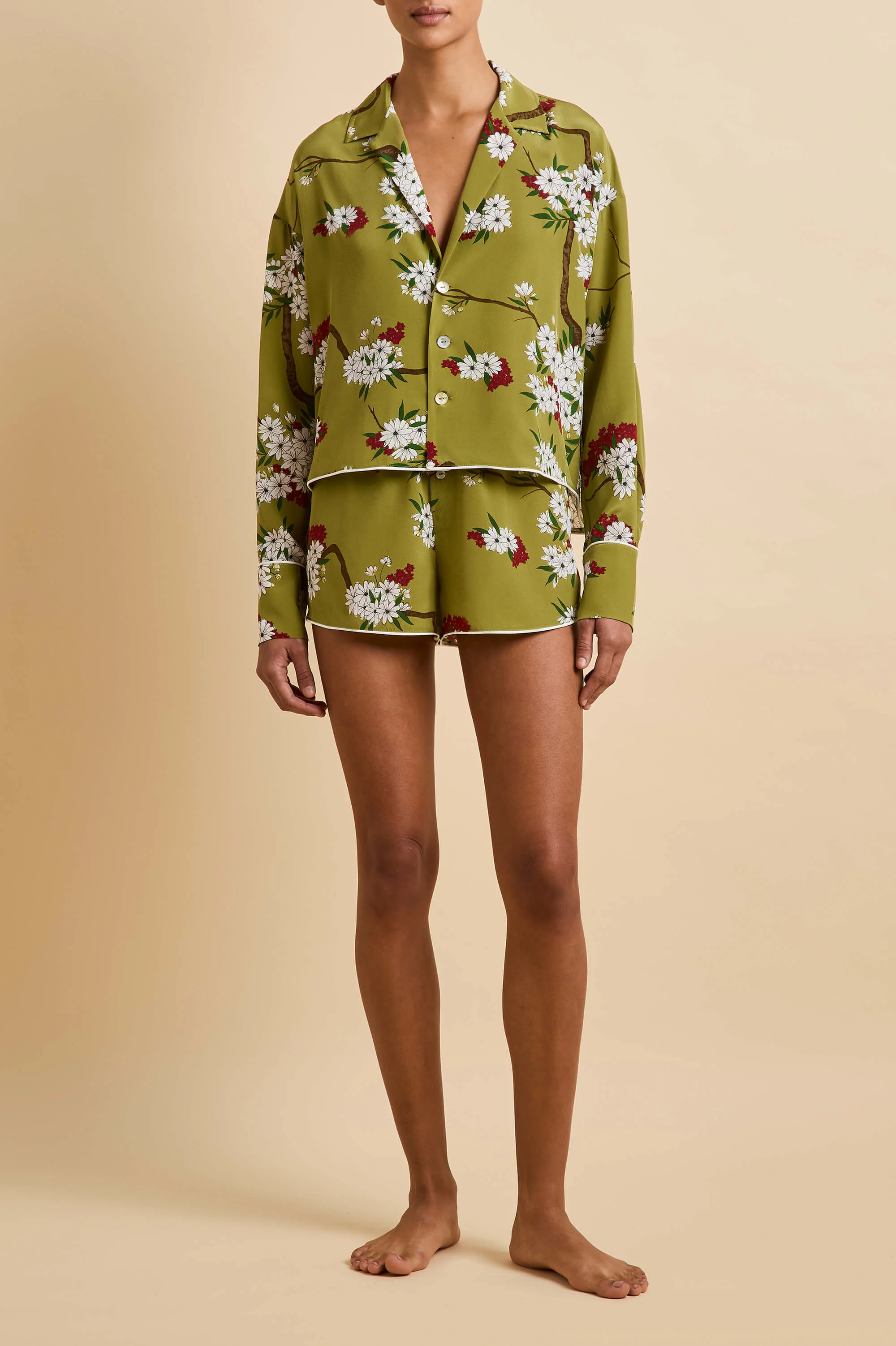 Lucia Cecille Green Blossom Pyjamas in Silk Crêpe de Chine