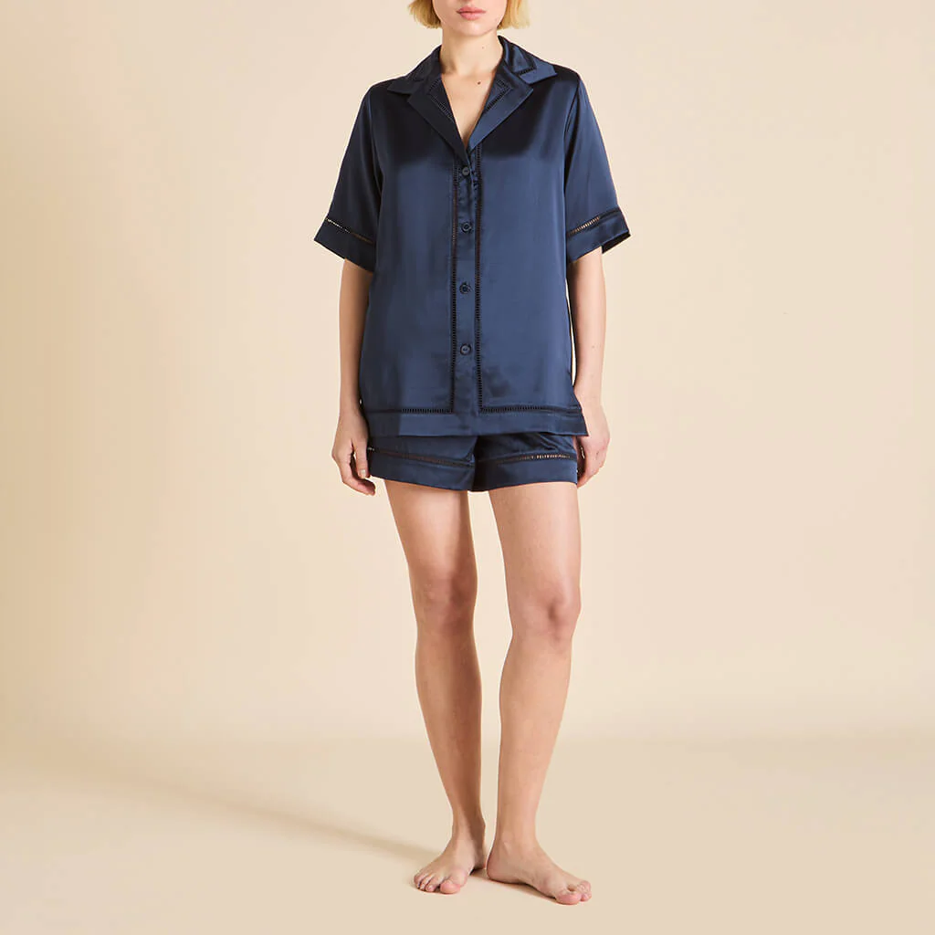 Marlene Navy Pyjamas in Silk Satin - Image 2
