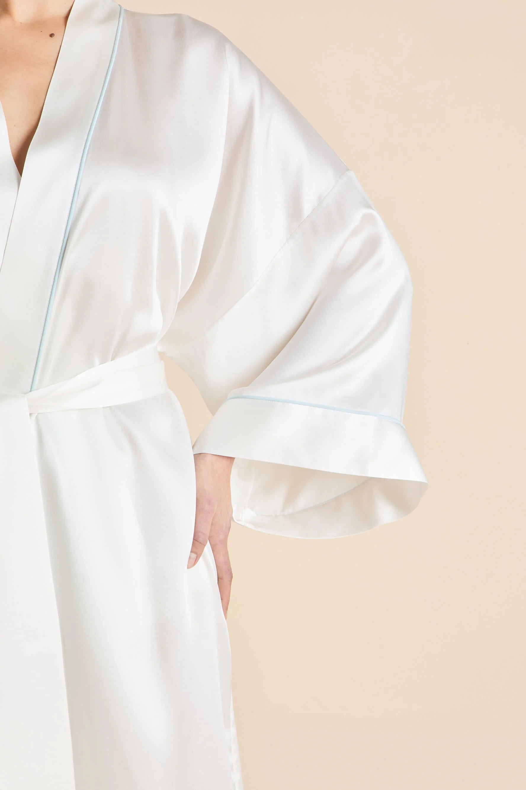 Mimi Ivory Powder Blue Robe in Silk Satin - Image 4