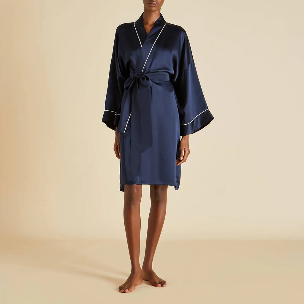 Mimi Navy Robe in Silk Satin - Image 2