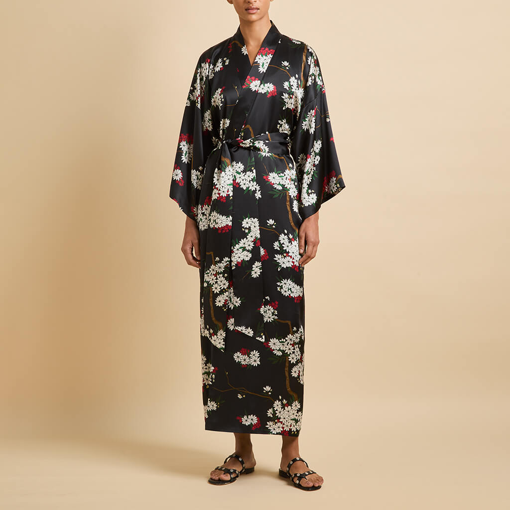 Queenie René Black Blossom Robe in Silk Satin - Image 2