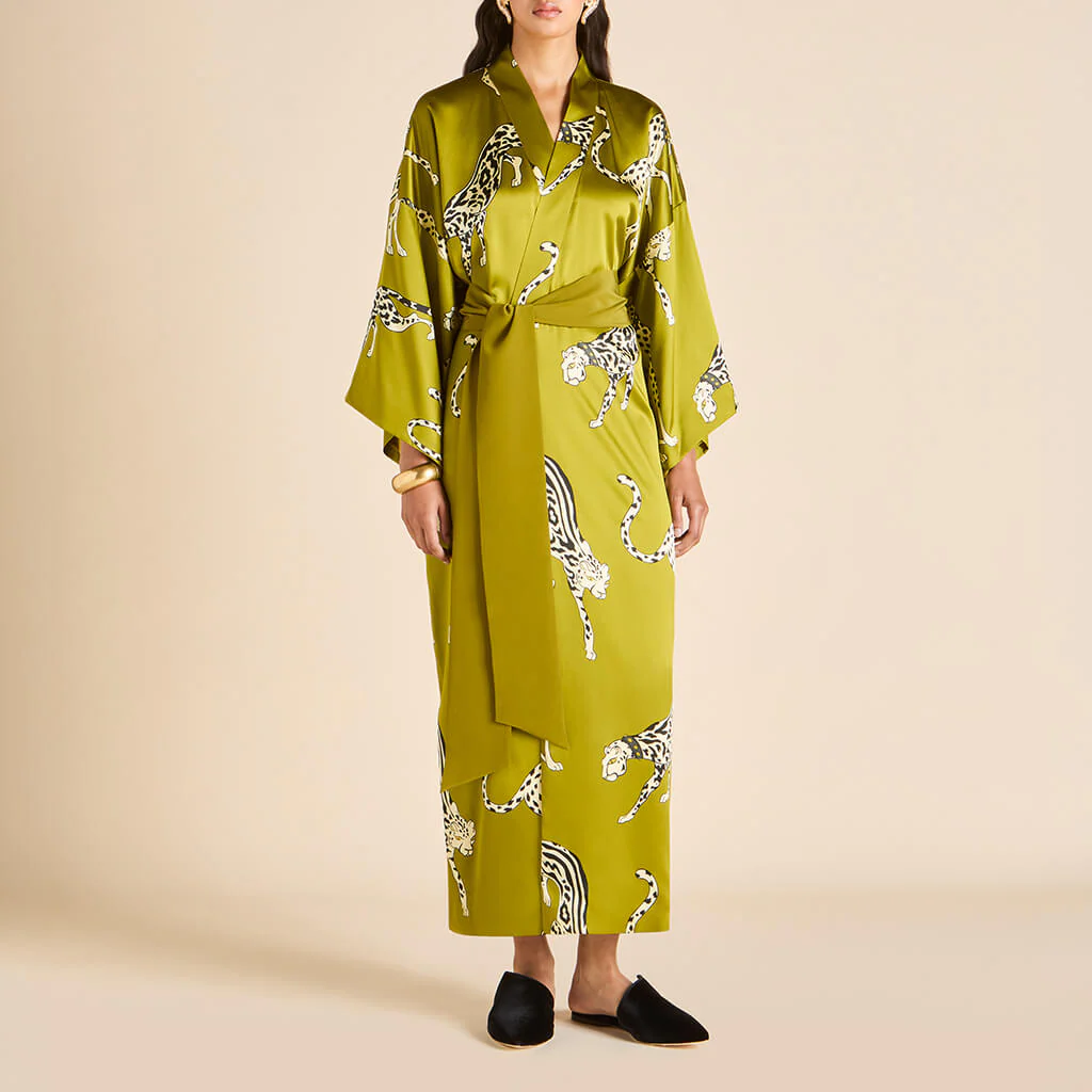 Queenie Chanson Green Leopard Robe in Silk Satin - Image 2