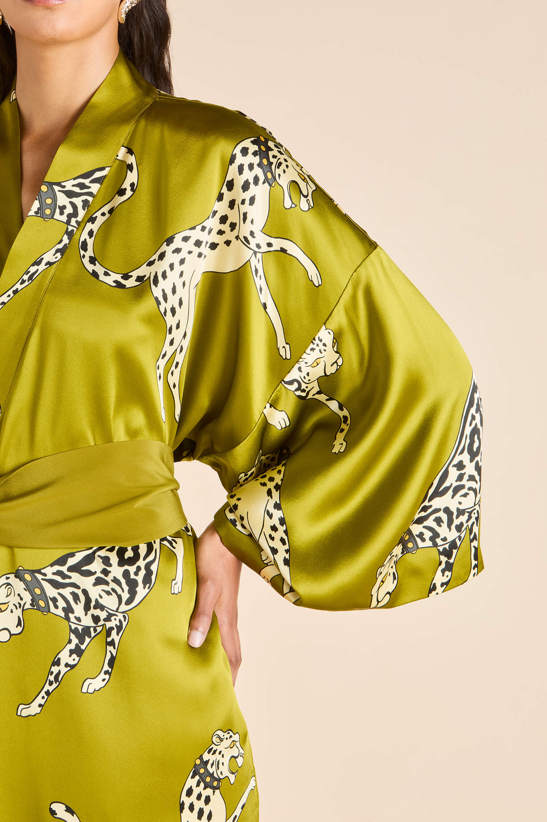 Queenie Chanson Green Leopard Robe in Silk Satin - Image 4