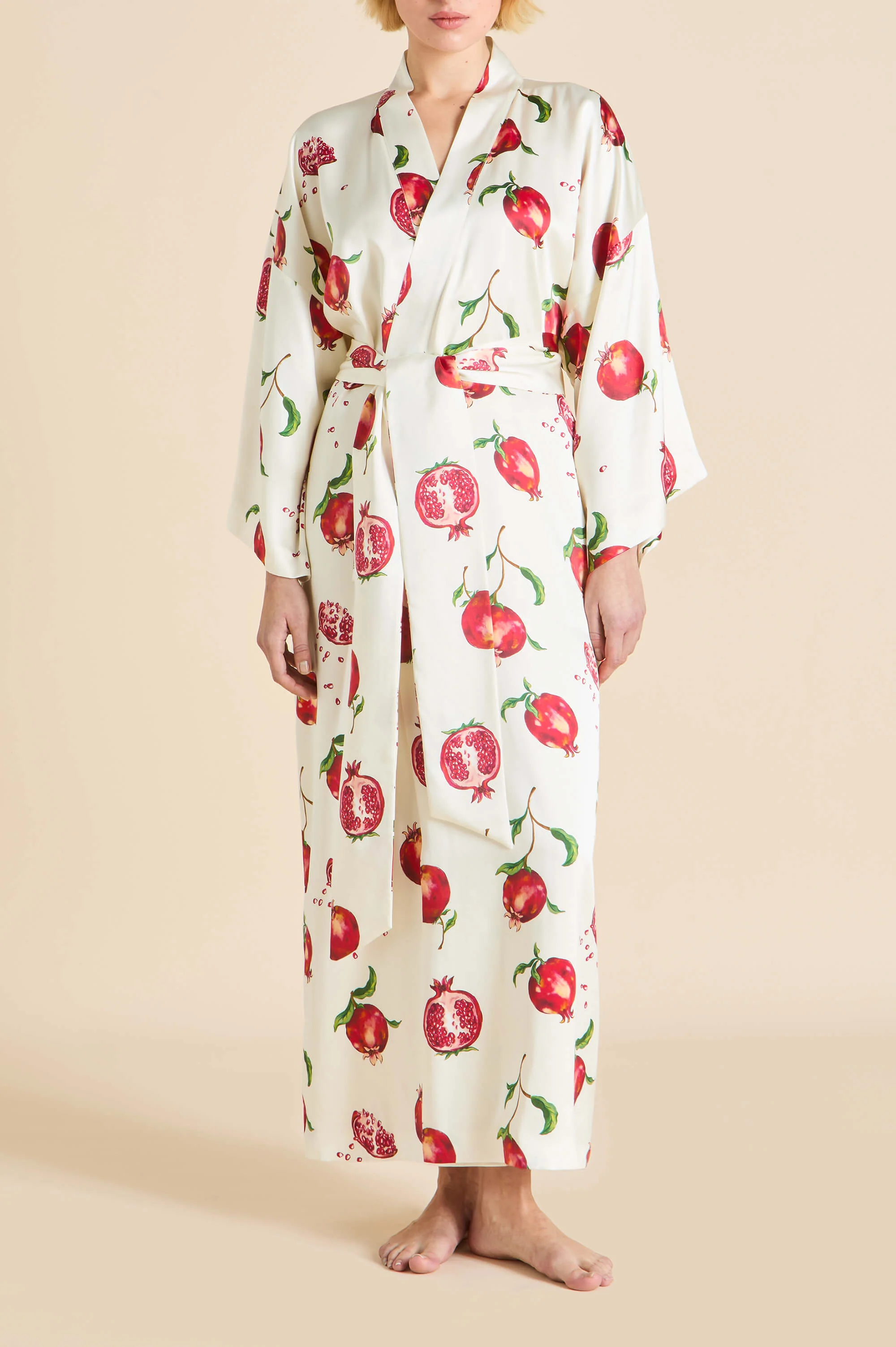 Queenie Allegra Ivory Pomegranate Robe in Silk Satin