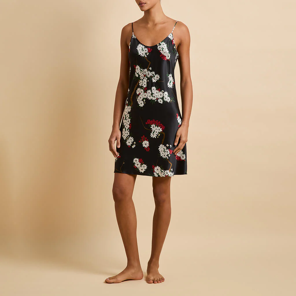 Venus René Black Blossom Slip Dress in Silk Satin - Image 2