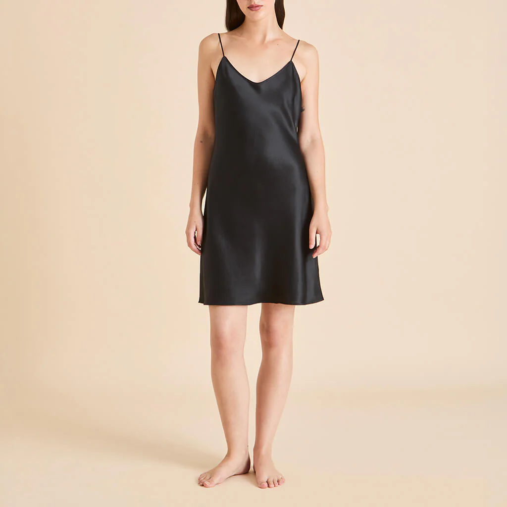 Venus Jet Black Slip Dress in Silk Satin - Image 2