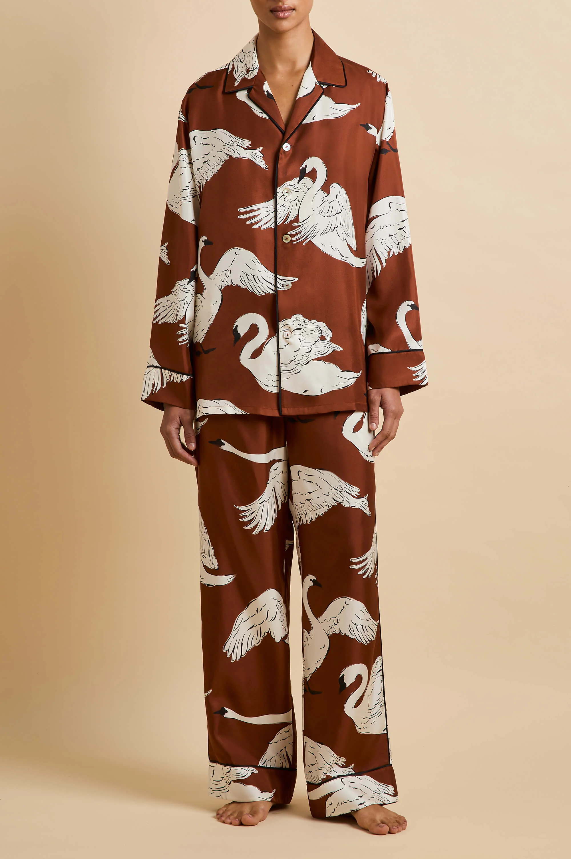 Yves Inés Brown Swan Pyjamas in Silk Twill