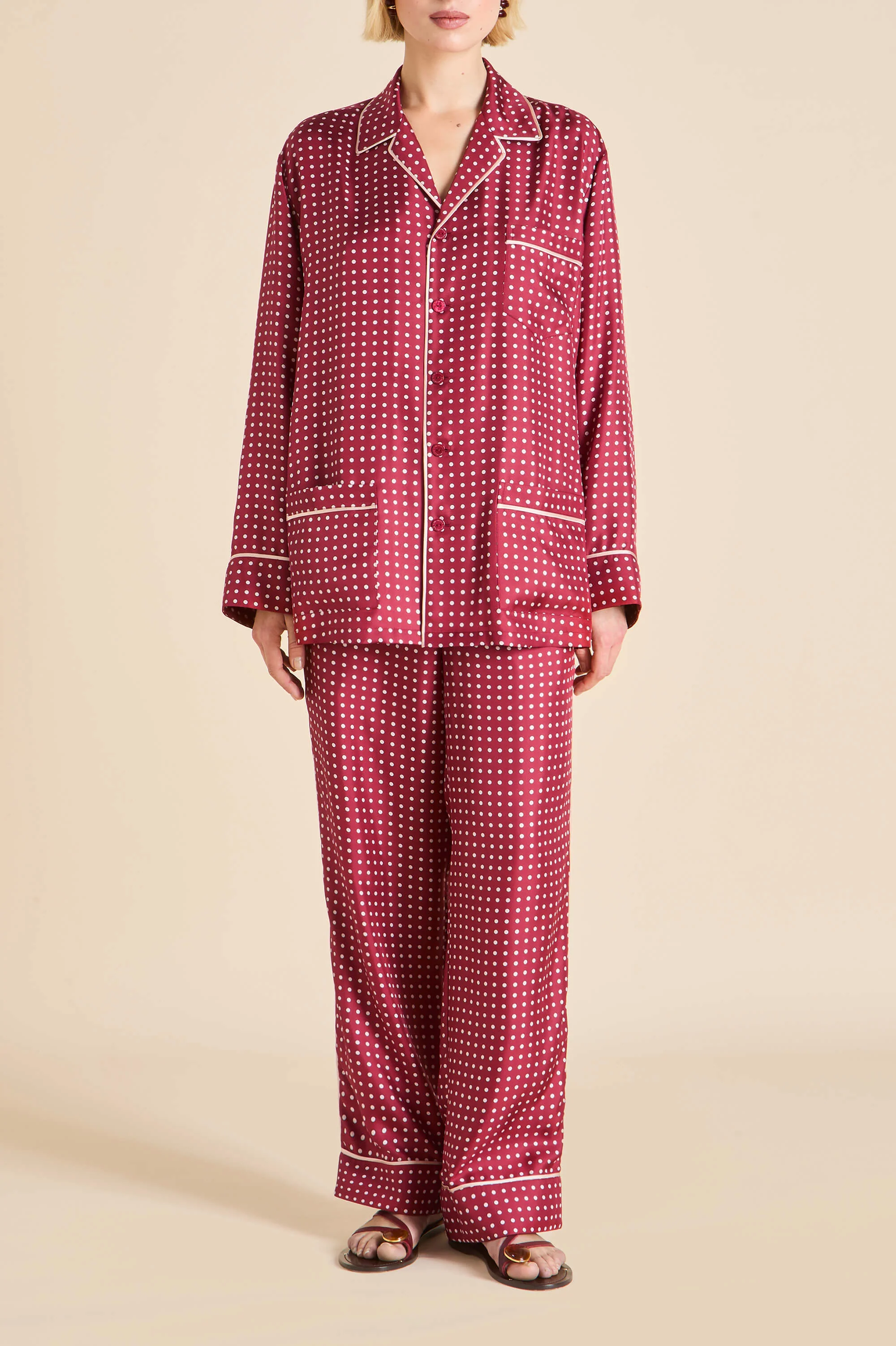 Yves Palazzo Burgundy Polka Dot Pyjamas in Silk Twill