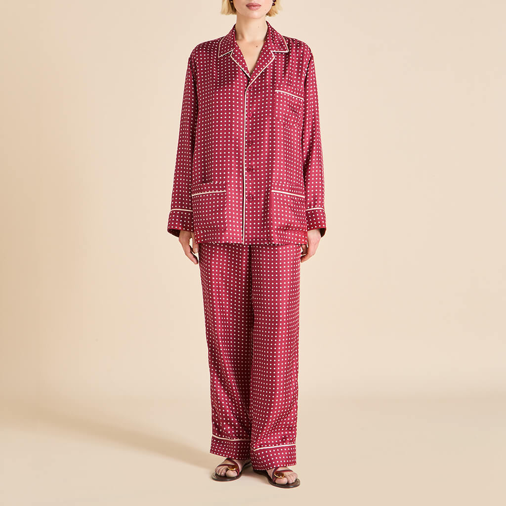 Yves Palazzo Burgundy Polka Dot Pyjamas in Silk Twill - Image 2