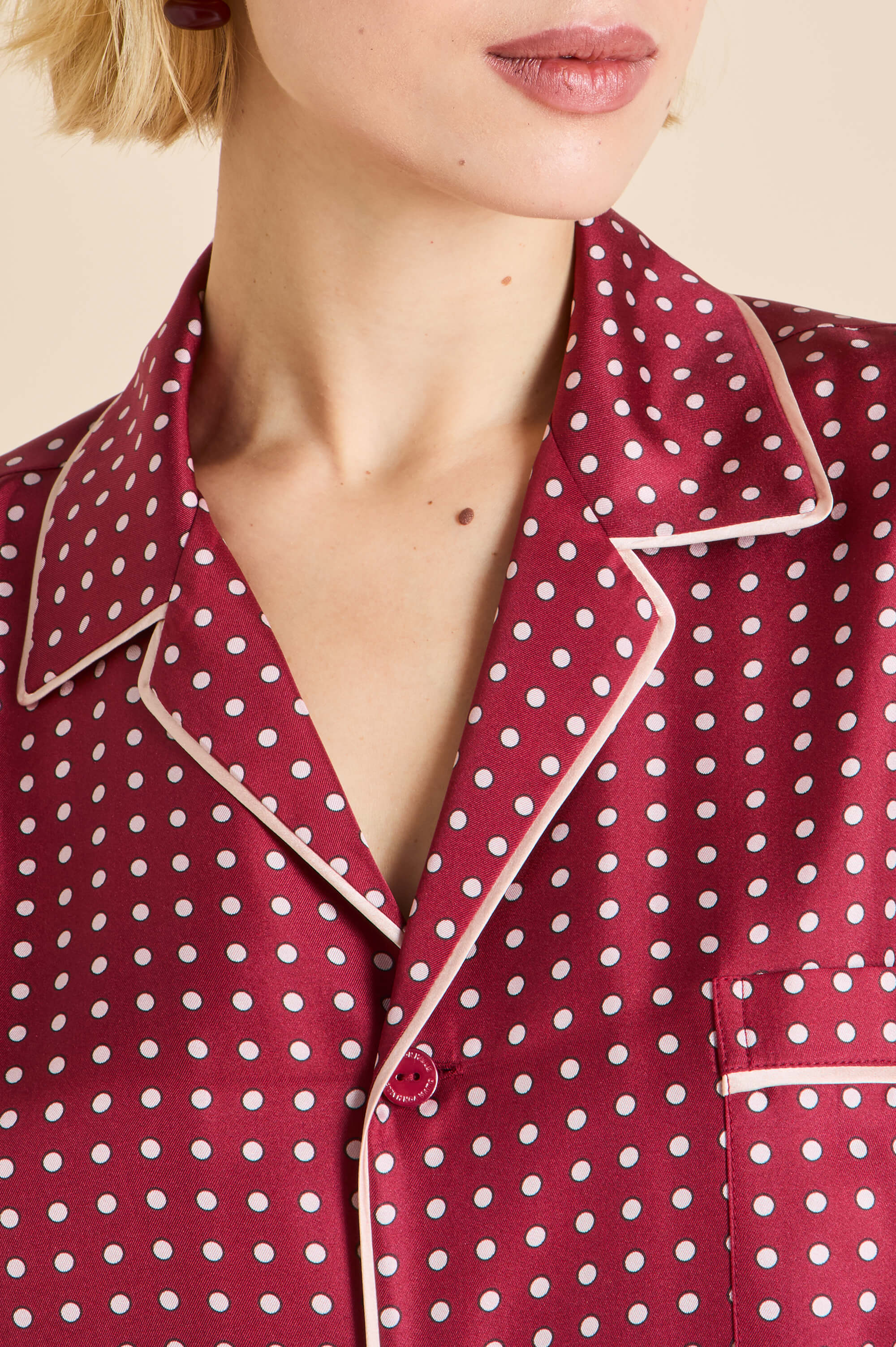 Yves Palazzo Burgundy Polka Dot Pyjamas in Silk Twill - Image 3