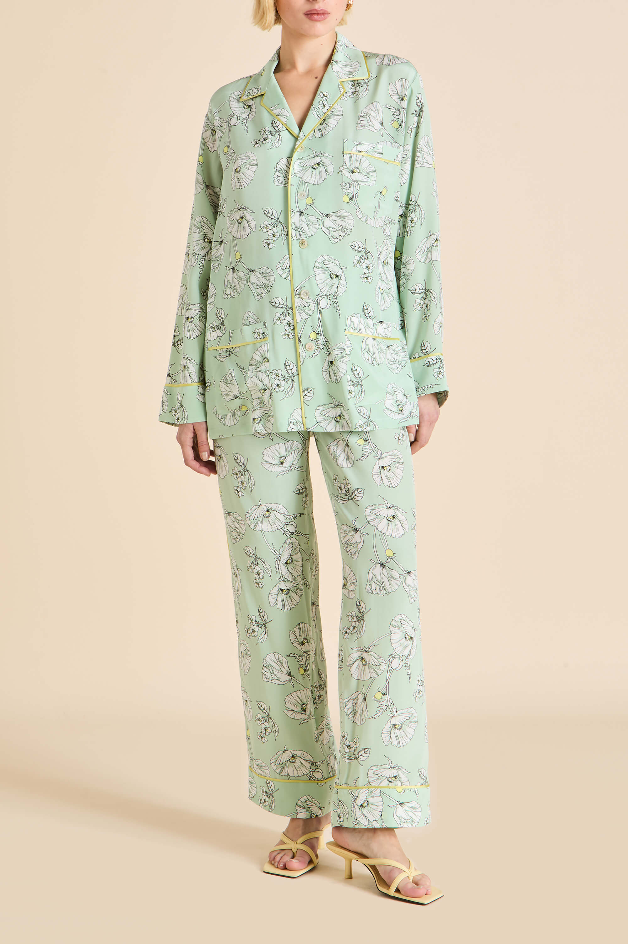 Yves Delfina Green Floral Pyjamas in Silk Crêpe de Chine