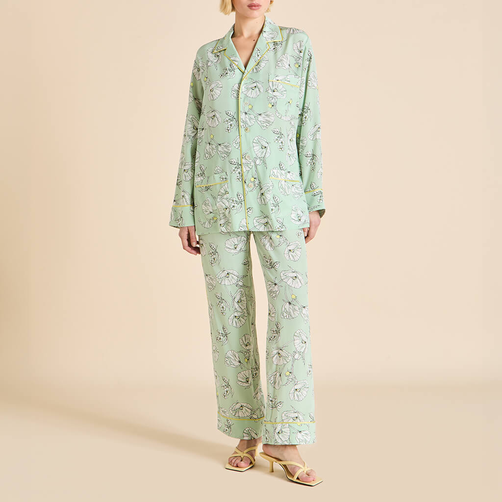 Yves Delfina Green Floral Pyjamas in Silk Crêpe de Chine - Image 2